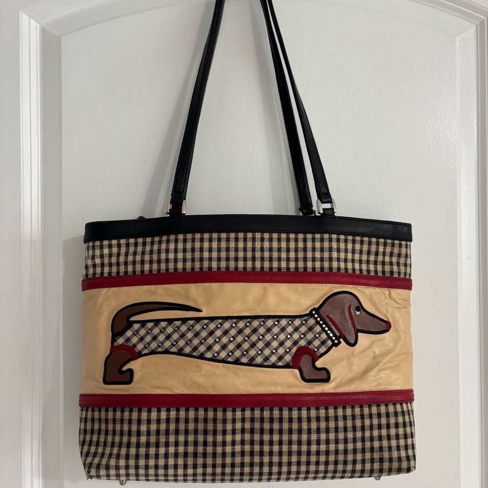 RARE VINTAGE ISABELLA FIORE DACHSHUND LEATHER CHECKERED CANVAS  TOTE BAG